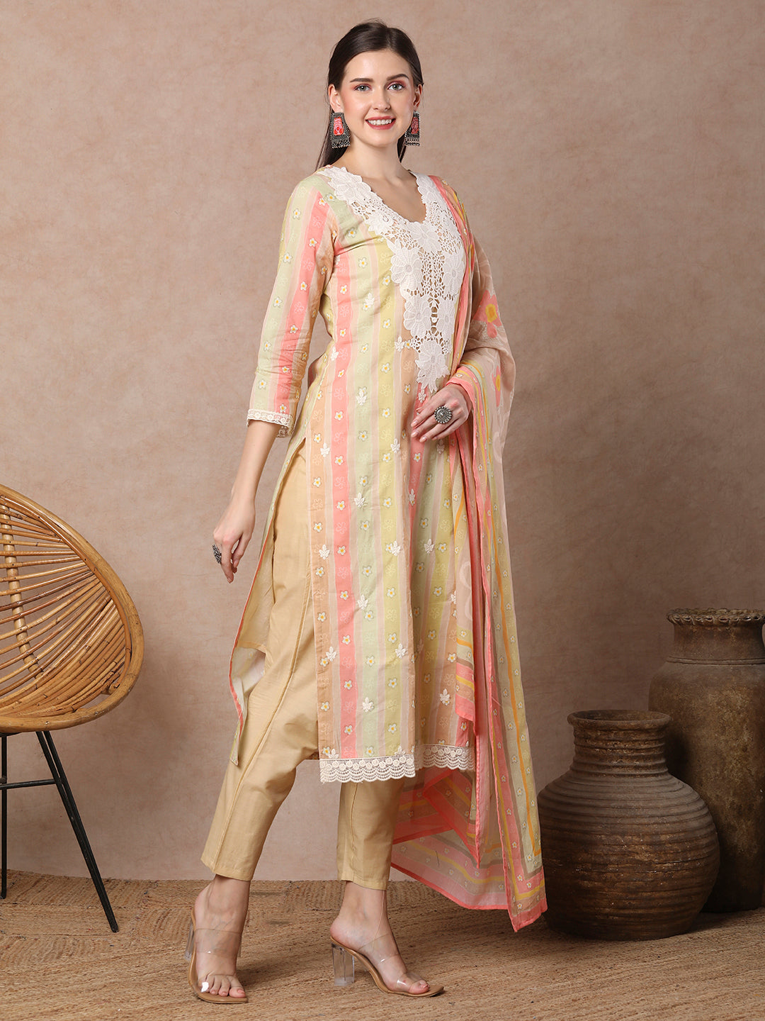 Ethnic Floral & Printed & Embroidered Straight Fit Kurta with Pant & Dupatta - Mutli