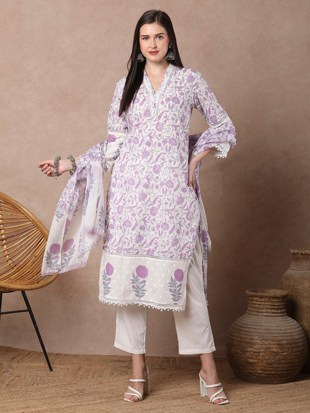 Floral Block printed Straight Kurta with Pant & Dupatta - Purple