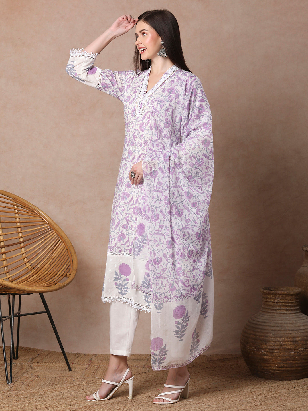 Floral Block printed Straight Kurta with Pant & Dupatta - Purple