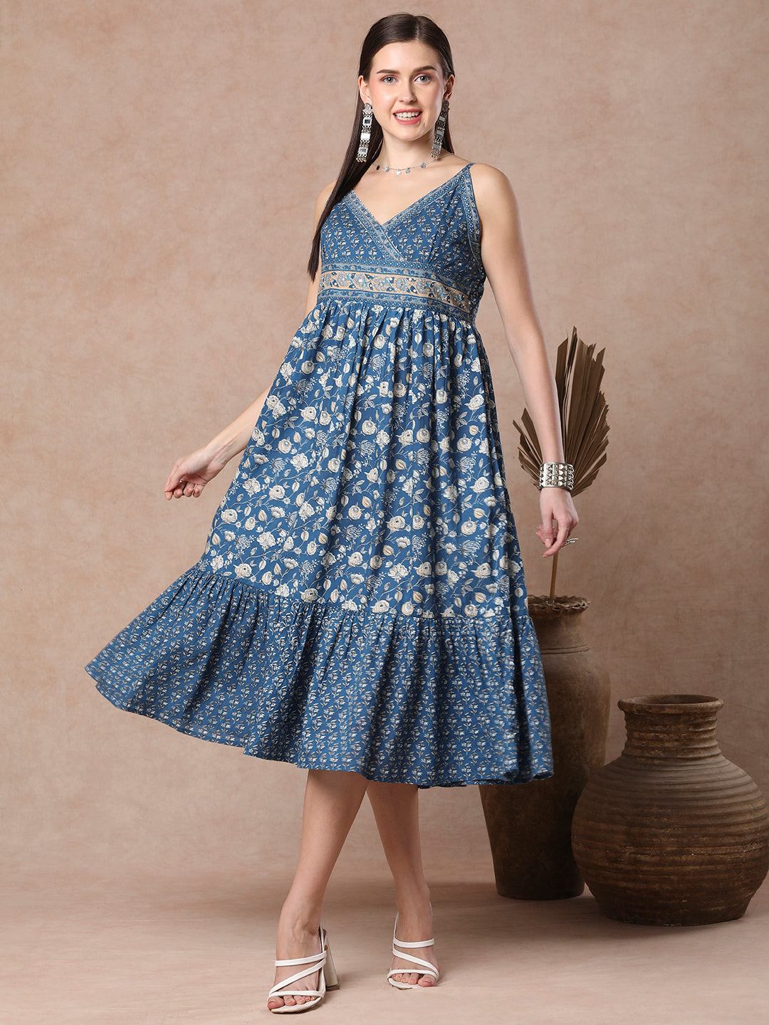 Ethnic Floral Printed A-Line Pleated Midi Dress - Blue FASHOR Ethnic Floral Printed A-Line Pleated Midi Dress - Blue FASHOR