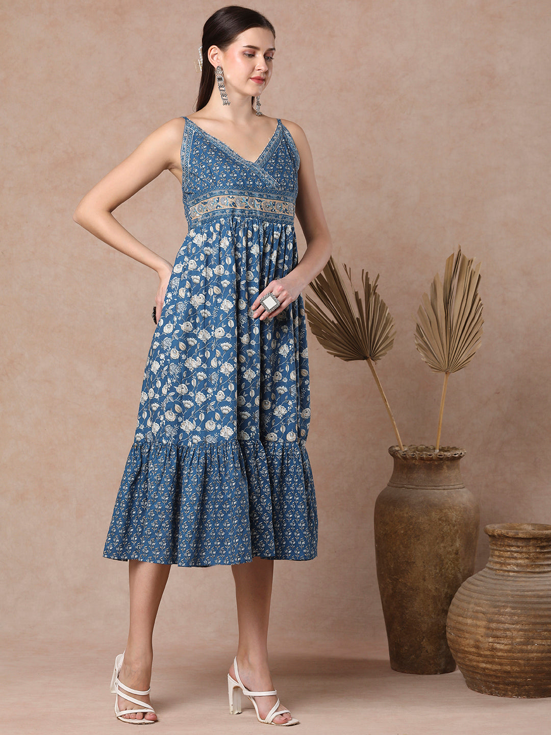 Ethnic Floral Printed A-Line Pleated Midi Dress - Blue