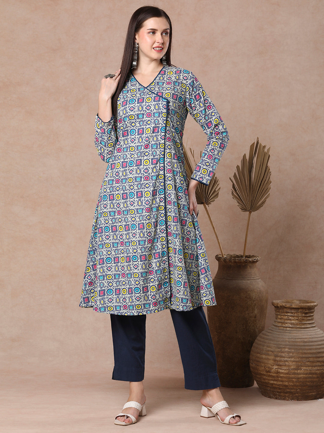 Ethnic Geometric Printed A-Line Angrakha Style Flared Kurta - Blue