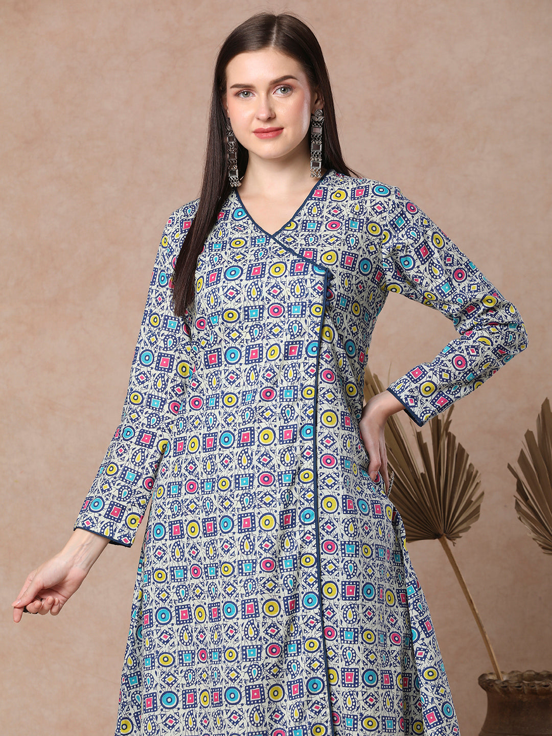Ethnic Geometric Printed A-Line Angrakha Style Flared Kurta - Blue