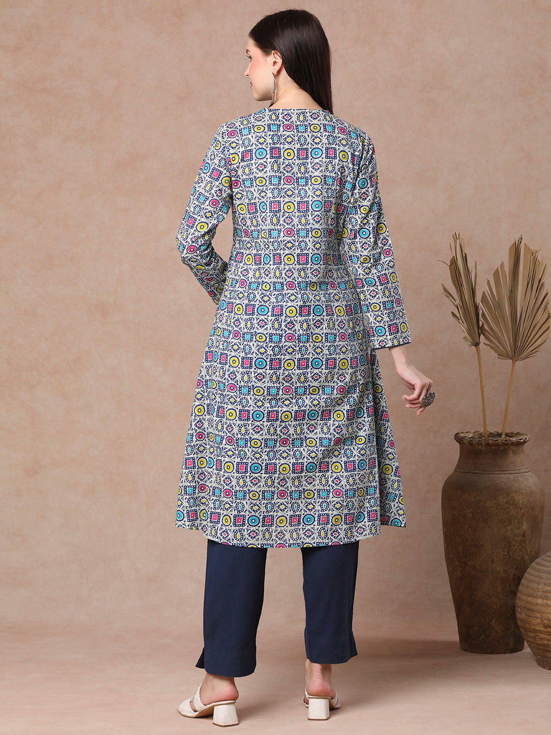 Ethnic Geometric Printed A-Line Angrakha Style Flared Kurta - Blue