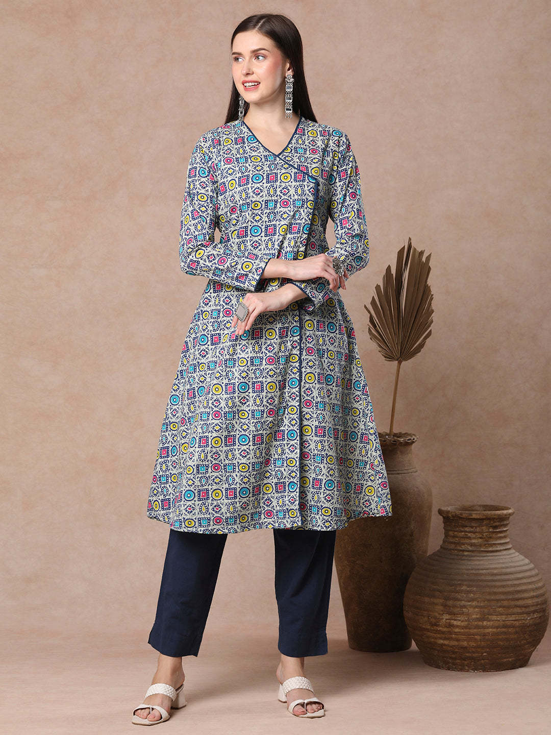 Ethnic Geometric Printed A-Line Angrakha Style Flared Kurta - Blue