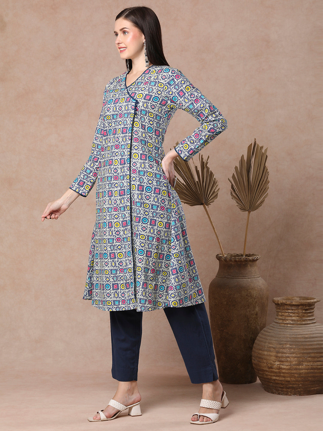 Ethnic Geometric Printed A-Line Angrakha Style Flared Kurta - Blue