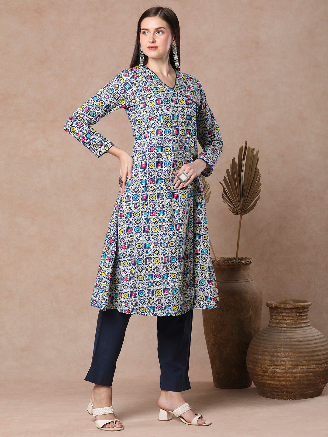 Ethnic Geometric Printed A-Line Angrakha Style Flared Kurta - Blue