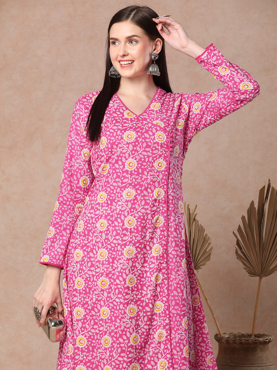 Ethnic Printed A-Line Angrakha Style Flared Kurta - Pink