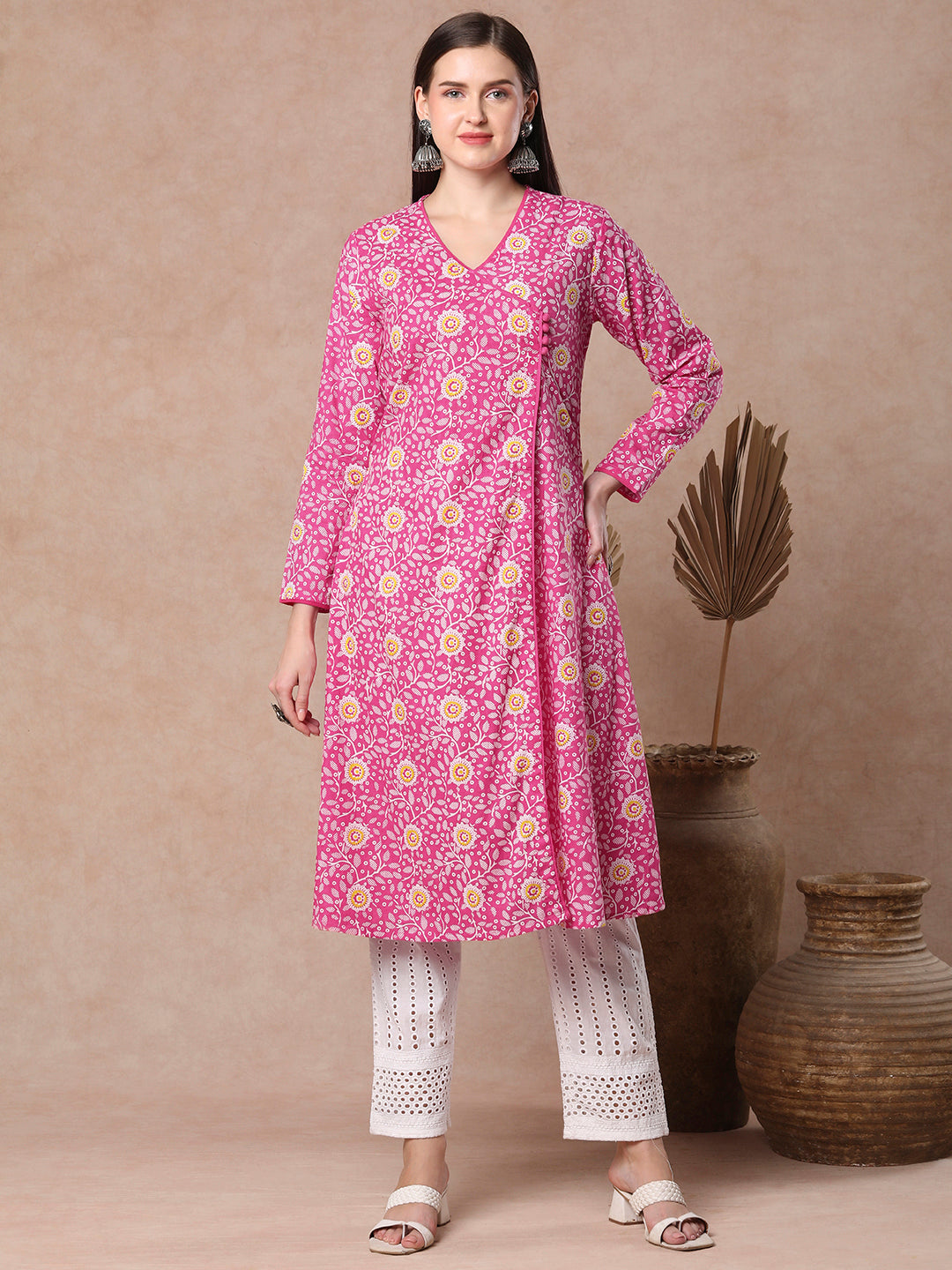Ethnic Printed A-Line Angrakha Style Flared Kurta - Pink