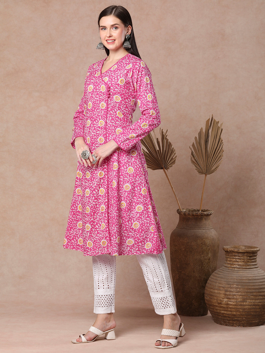 Ethnic Printed A-Line Angrakha Style Flared Kurta - Pink