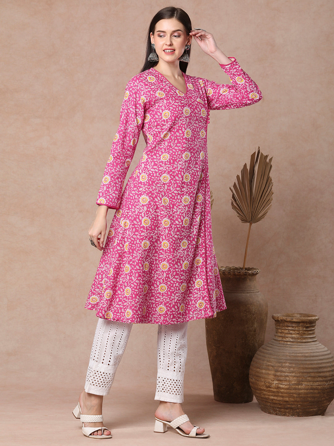 Ethnic Printed A-Line Angrakha Style Flared Kurta - Pink