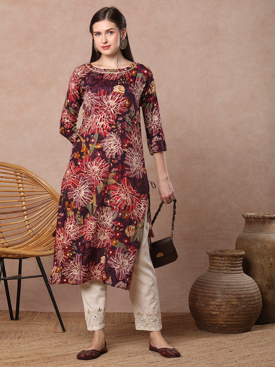Abstract Floral Foil Printed Straight Fit Kurta - Burgundy