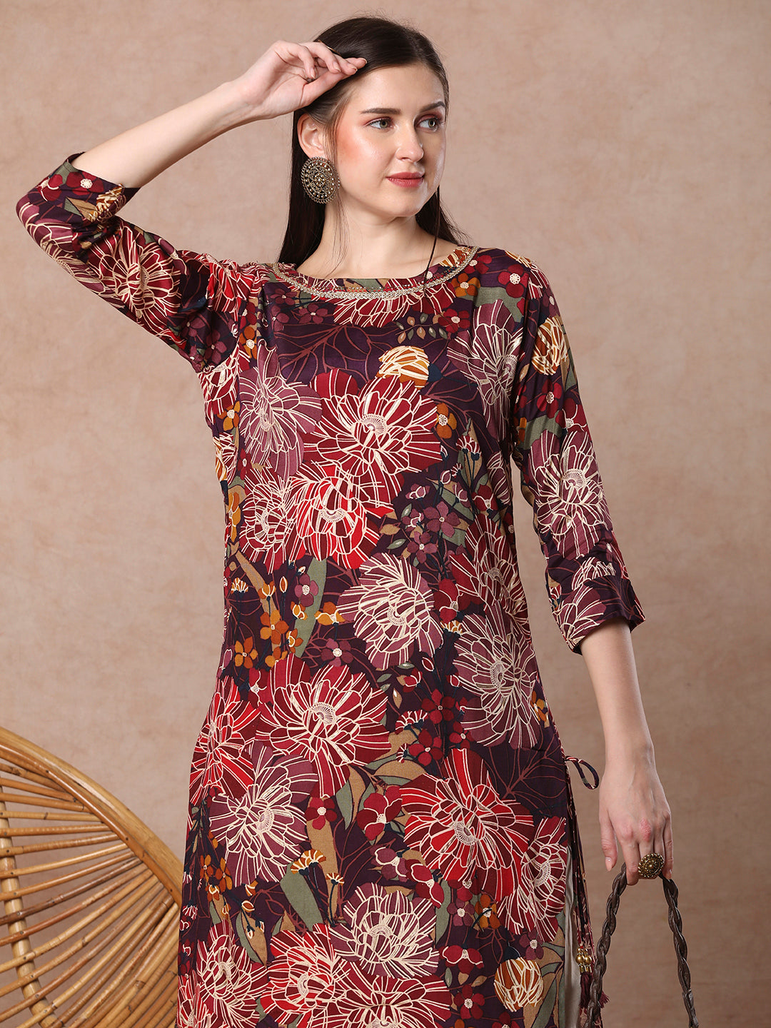 Abstract Floral Foil Printed Straight Fit Kurta - Burgundy