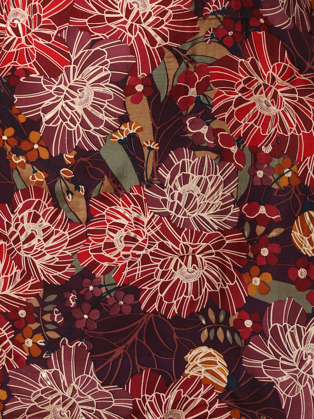 Abstract Floral Foil Printed Straight Fit Kurta - Burgundy