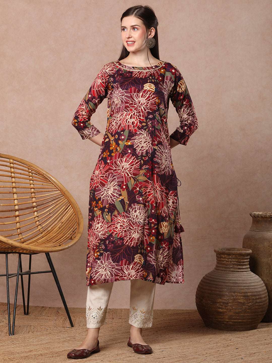 Abstract Floral Foil Printed Straight Fit Kurta - Burgundy