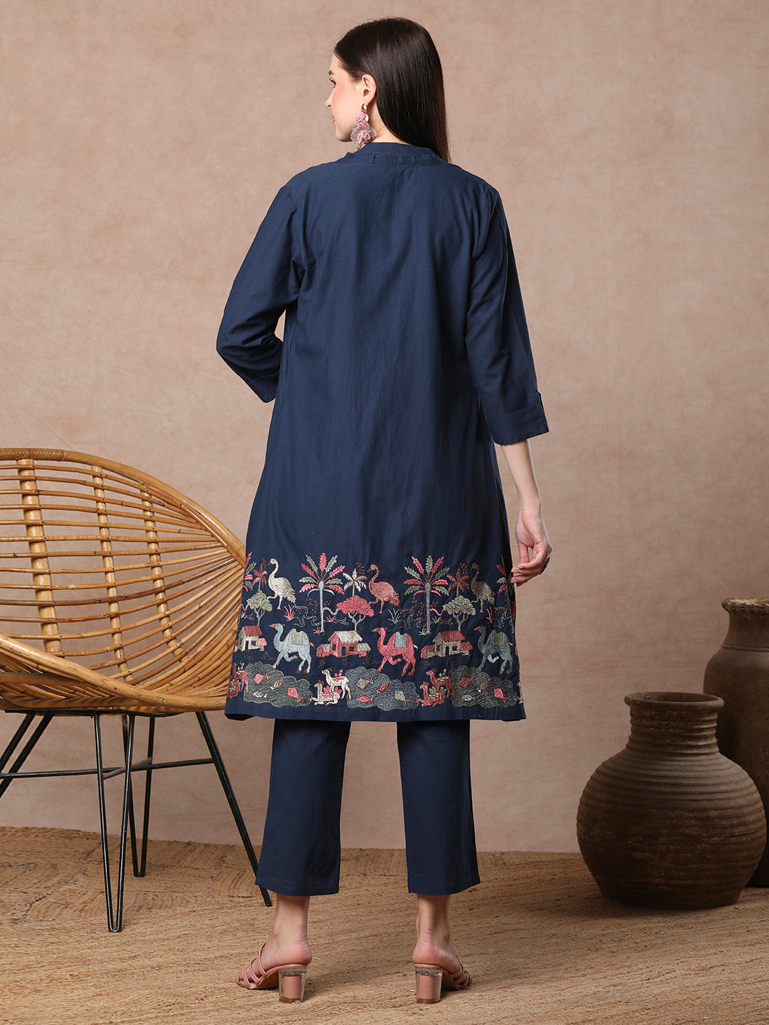 Solid A-line Kurta with Flora & Fauna Zari Threadwork Embroidered Jacket & Pant - Blue
