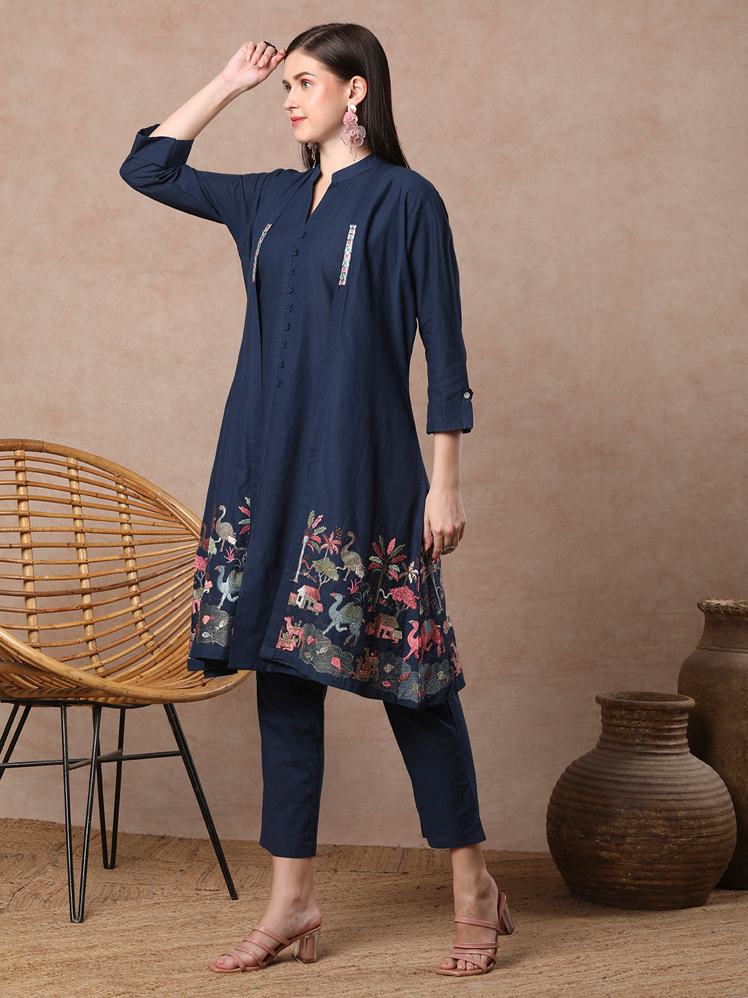 Solid A-line Kurta with Flora & Fauna Zari Threadwork Embroidered Jacket & Pant - Blue
