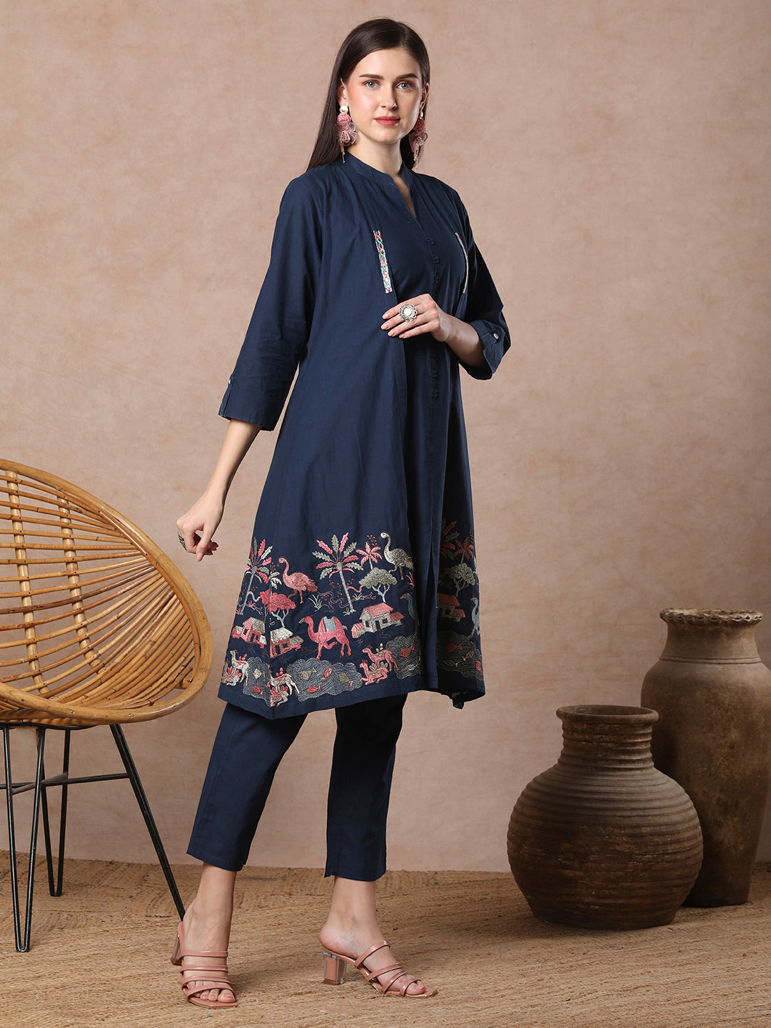 Solid A-line Kurta with Flora & Fauna Zari Threadwork Embroidered Jacket & Pant - Blue