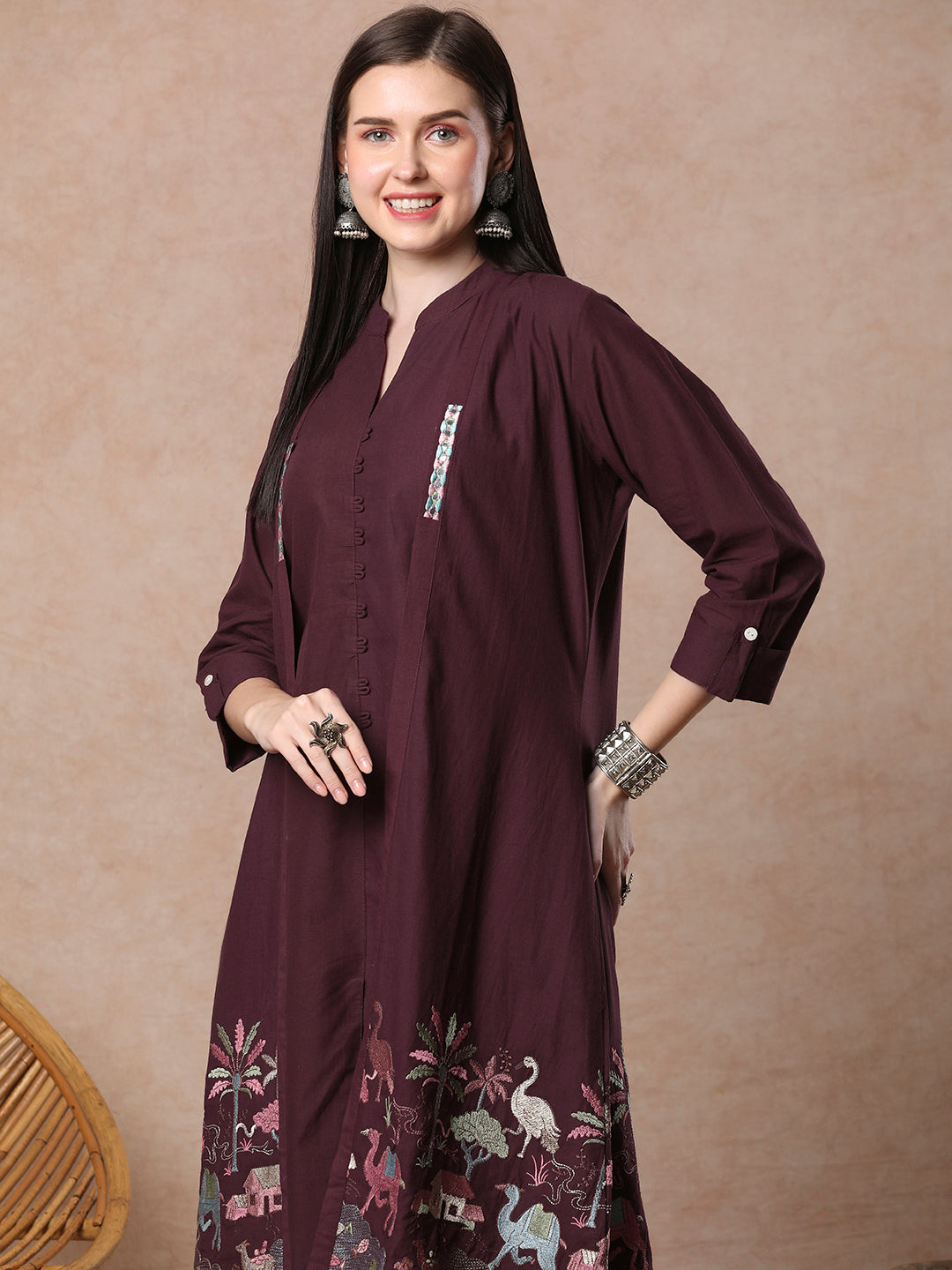 Solid A-line Kurta with Flora & Fauna Zari Threadwork Embroidered Jacket & Pant - Burgundy