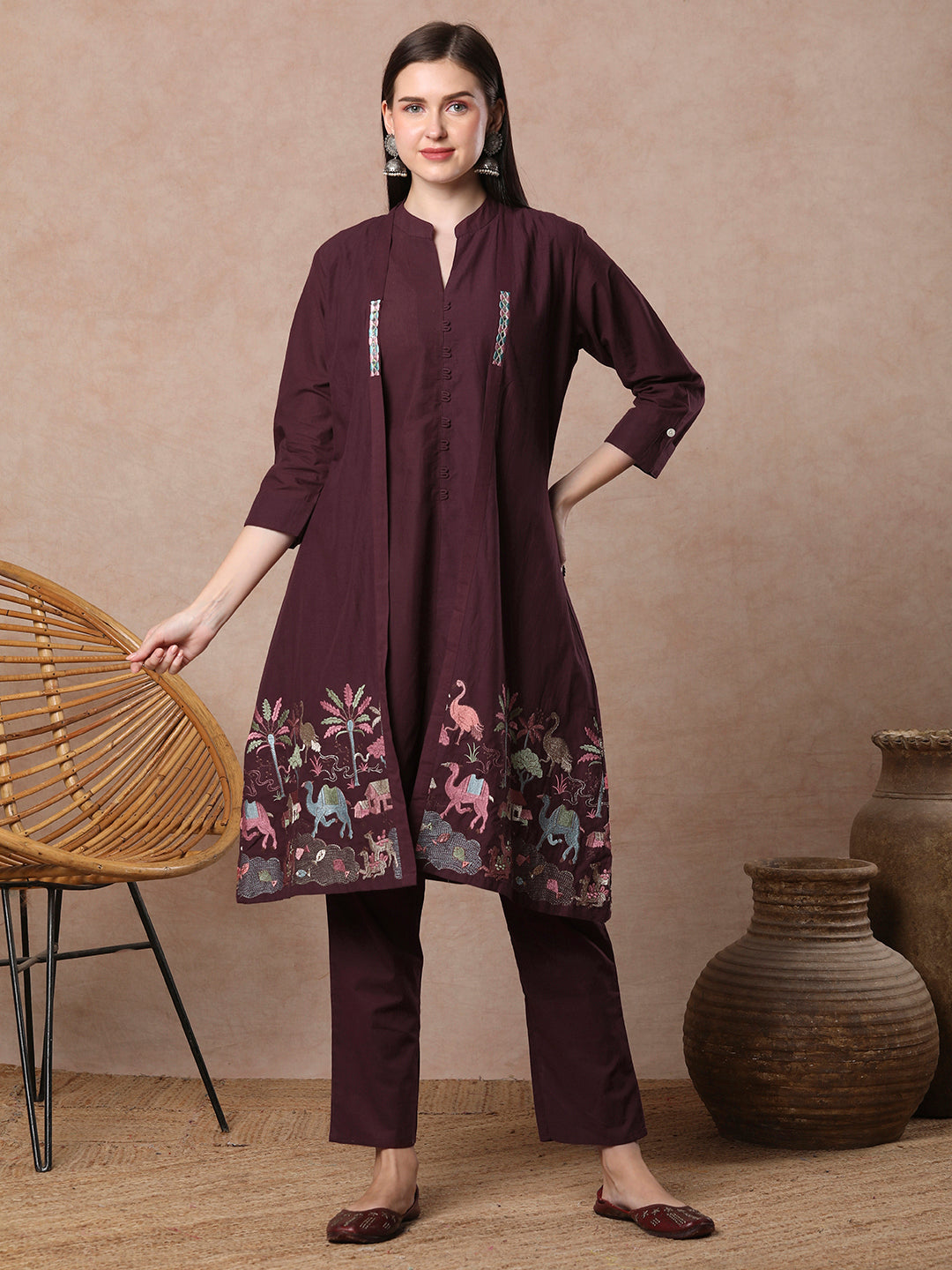 Solid A-line Kurta with Flora & Fauna Zari Threadwork Embroidered Jacket & Pant - Burgundy