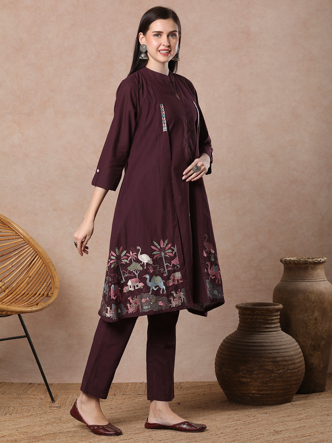 Solid A-line Kurta with Flora & Fauna Zari Threadwork Embroidered Jacket & Pant - Burgundy