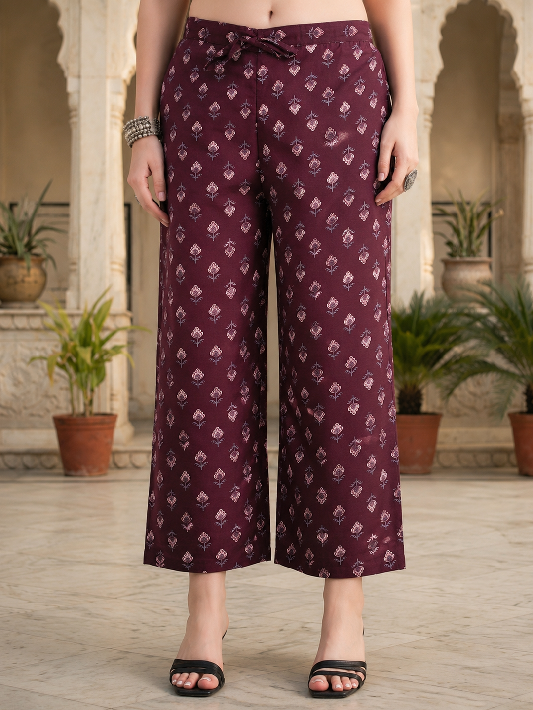 Floral Printed & Embroidered Straight Fit Kurta with Pant & Dupatta - Burgundy