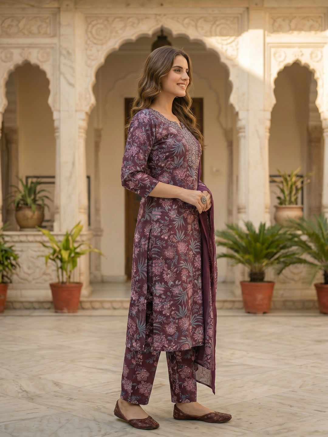 Floral Printed & Embroidered Straight Fit Kurta with Pant & Dupatta - Burgundy