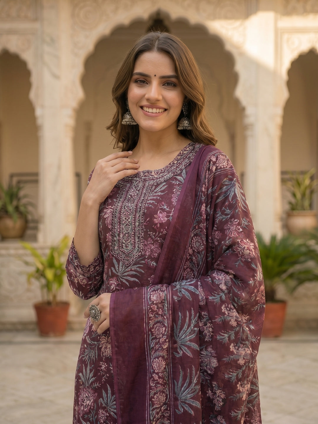Floral Printed & Embroidered Straight Fit Kurta with Pant & Dupatta - Burgundy