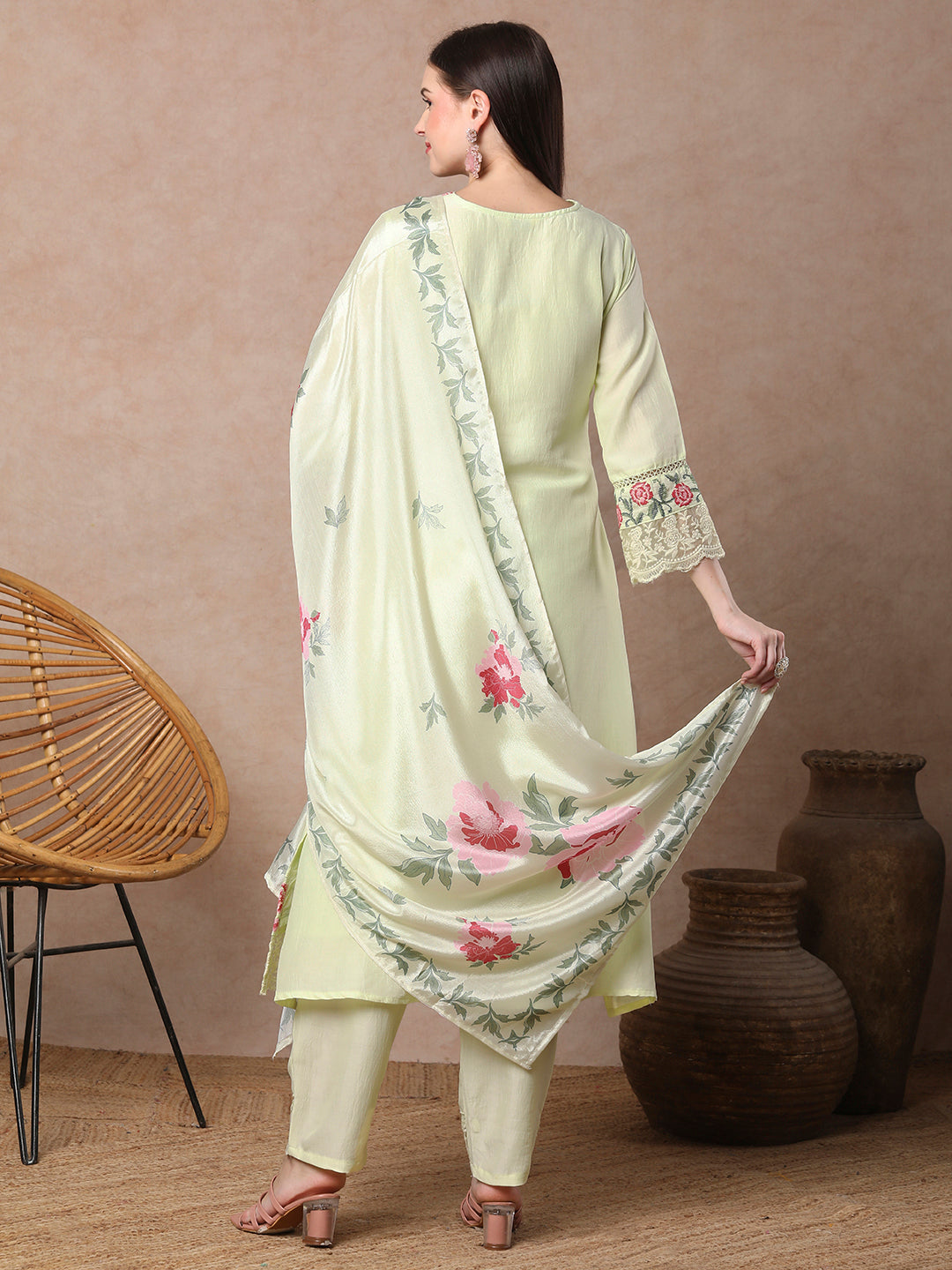 Solid Floral Cross Stitch Embroidered A-Line Flared Kurta with Pant & Dupatta - Mint Yellow