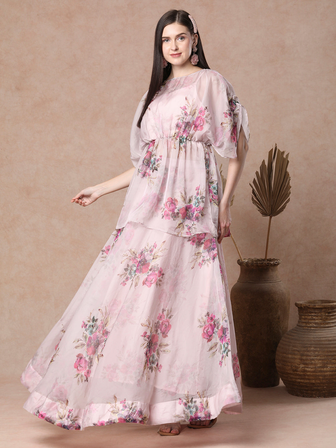 Abstract Bold Floral Foil Printed A-Line Pleated Top & Flared Skirt Set - Pink