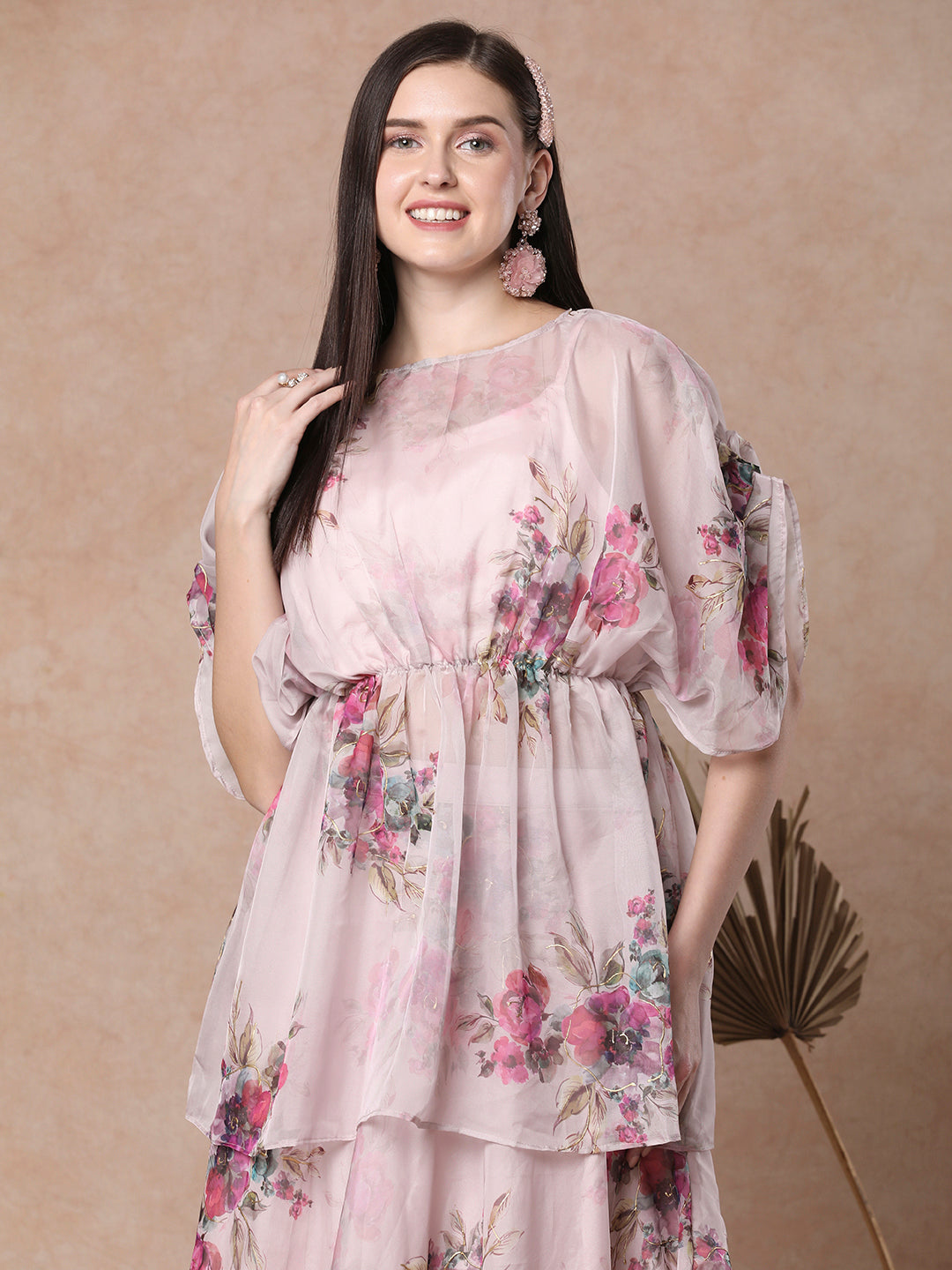 Abstract Bold Floral Foil Printed A-Line Pleated Top & Flared Skirt Set - Pink