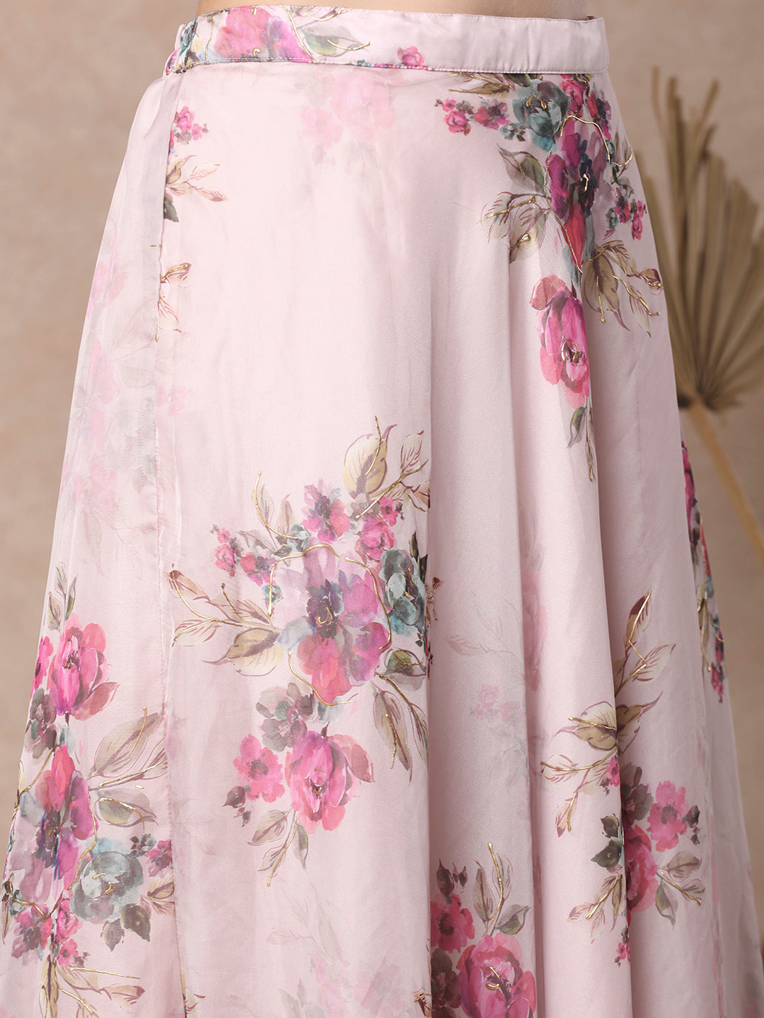 Abstract Bold Floral Foil Printed A-Line Pleated Top & Flared Skirt Set - Pink