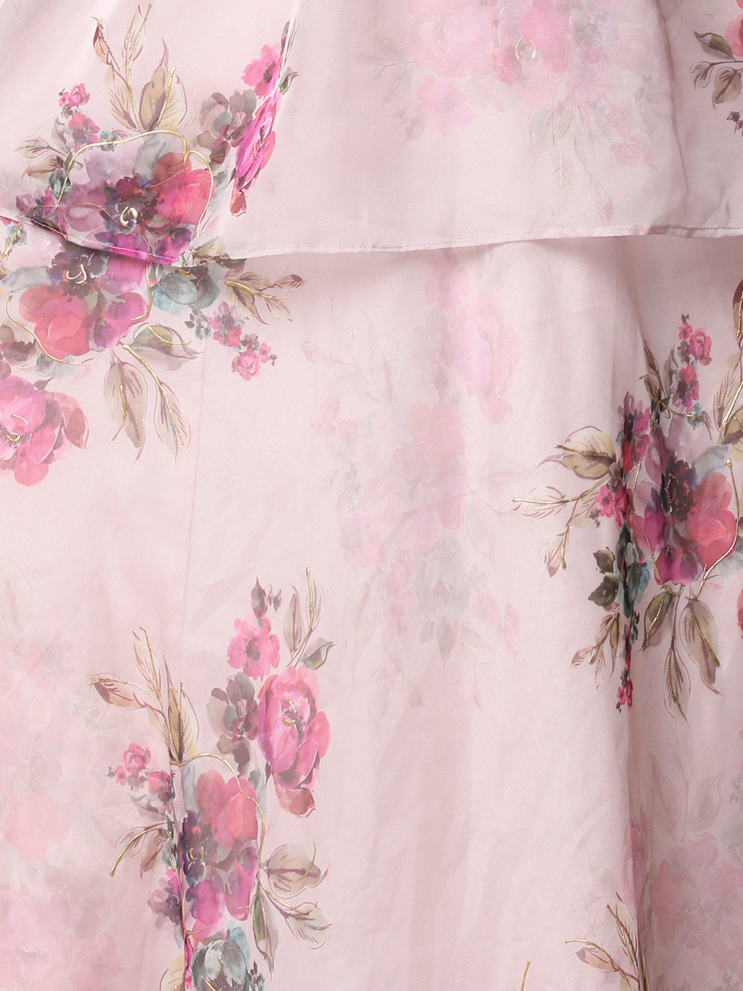 Abstract Bold Floral Foil Printed A-Line Pleated Top & Flared Skirt Set - Pink