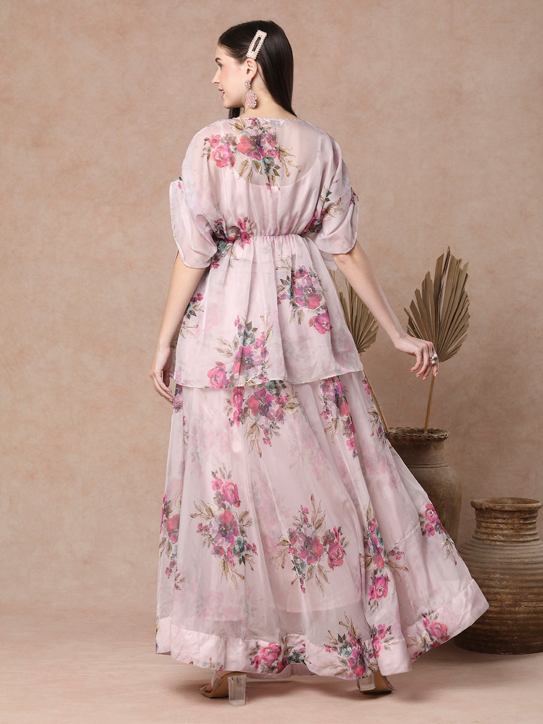 Abstract Bold Floral Foil Printed A-Line Pleated Top & Flared Skirt Set - Pink