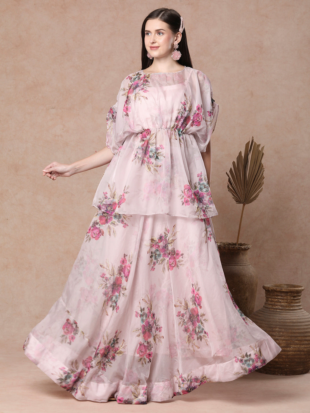 Abstract Bold Floral Foil Printed A-Line Pleated Top & Flared Skirt Set - Pink