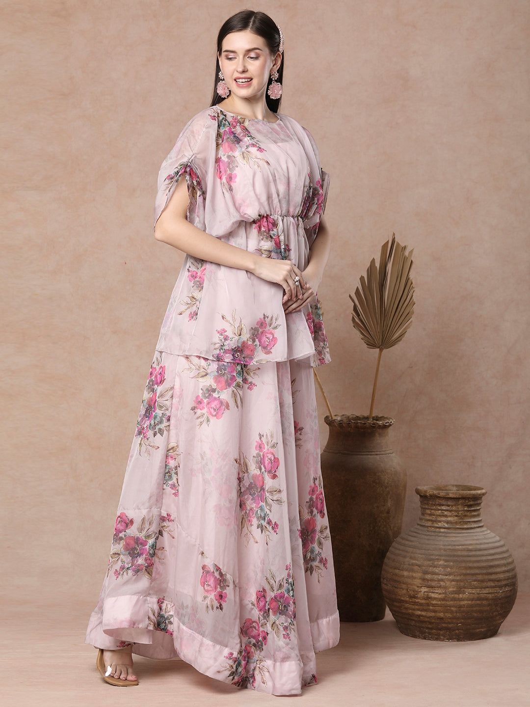 Abstract Bold Floral Foil Printed A-Line Pleated Top & Flared Skirt Set - Pink