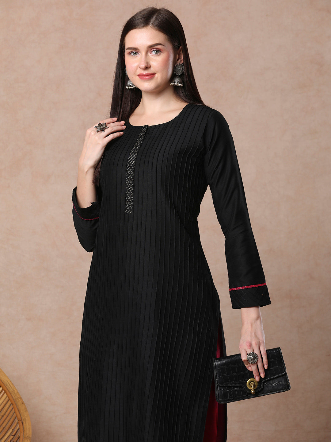 Solid Pin Tucked Straight Fit Kurta with Pant - Black