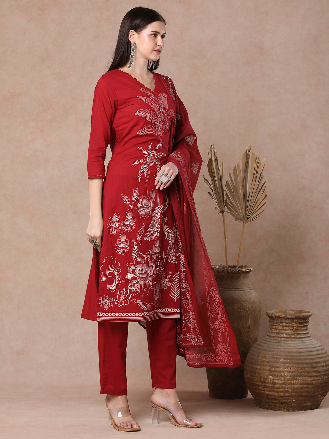 Flora Printed Straight Fit Kurta with Pant and Dupatta - Red
