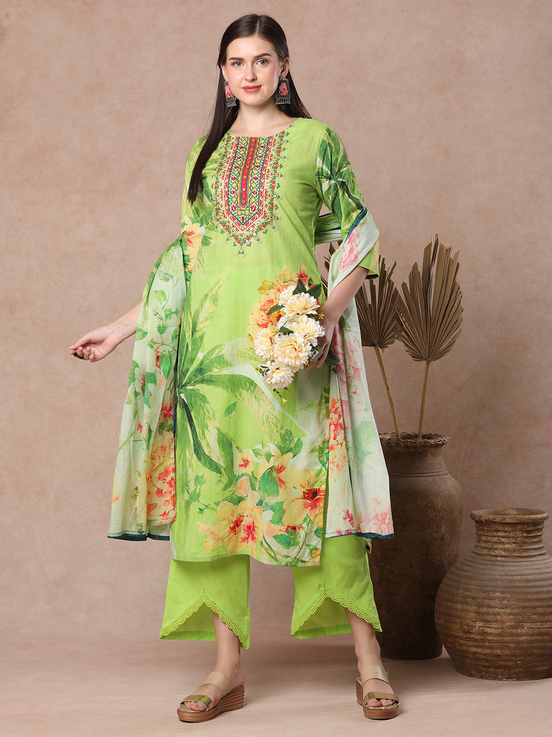 Ethnic Floral Printed & Embroidered Straight Kurta with Palazzo & Dupatta - Green