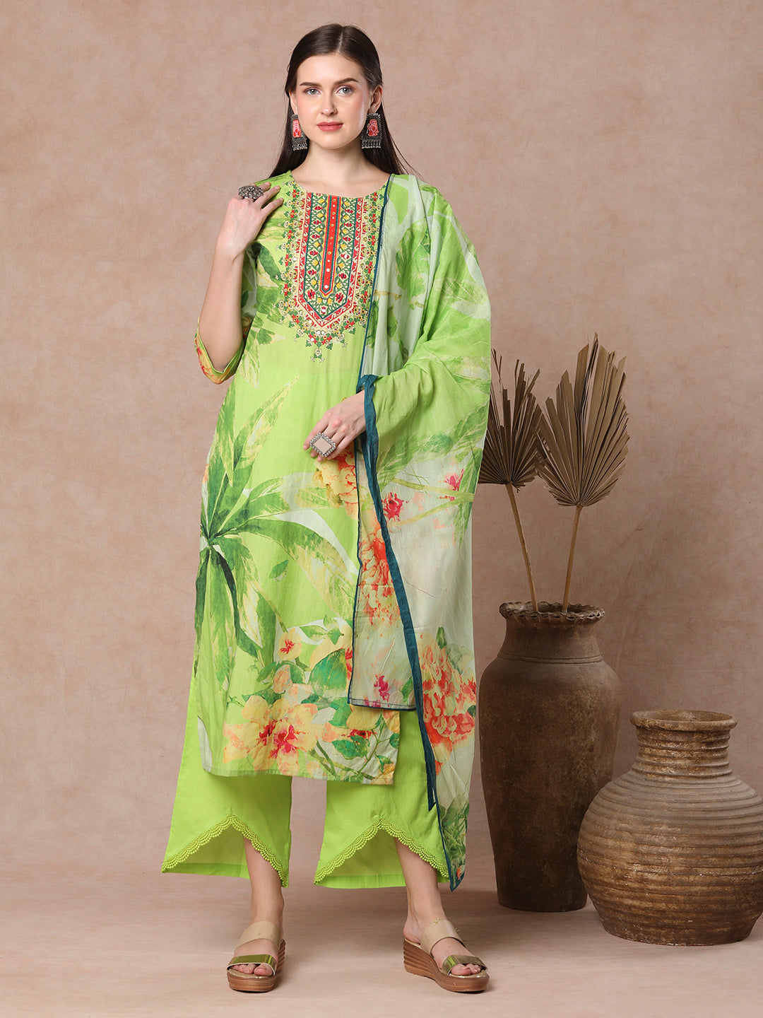 Ethnic Floral Printed & Embroidered Straight Kurta with Palazzo & Dupatta - Green