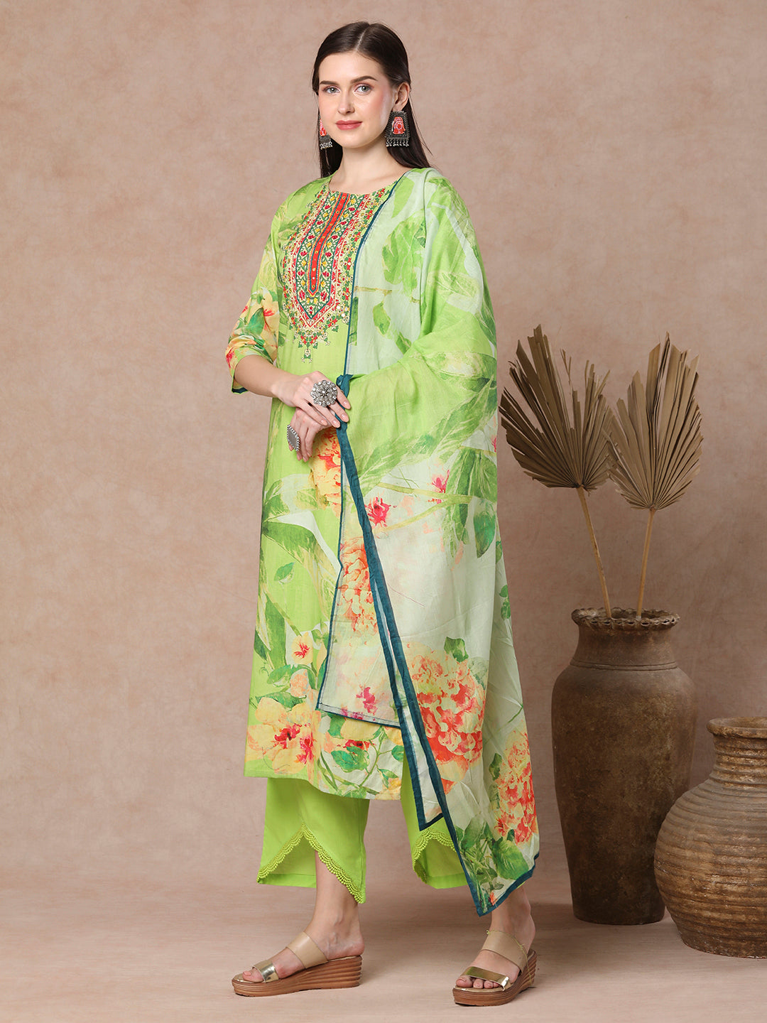Ethnic Floral Printed & Embroidered Straight Kurta with Palazzo & Dupatta - Green