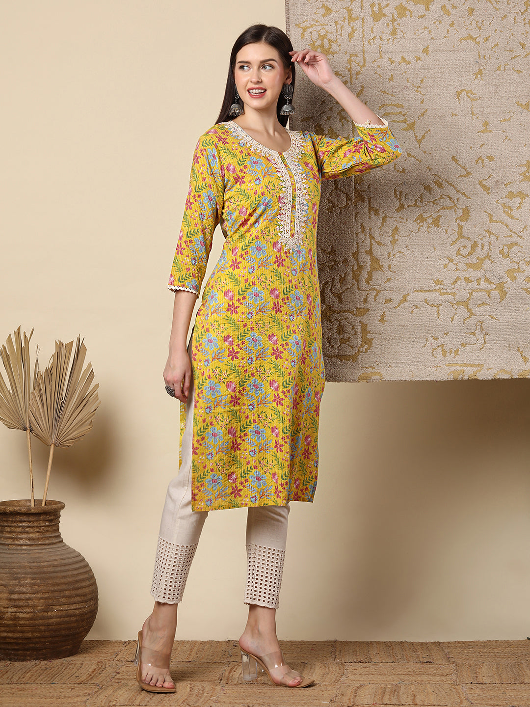 Resham Floral Embroidered & Printed Straight Fit Kurta - Yellow