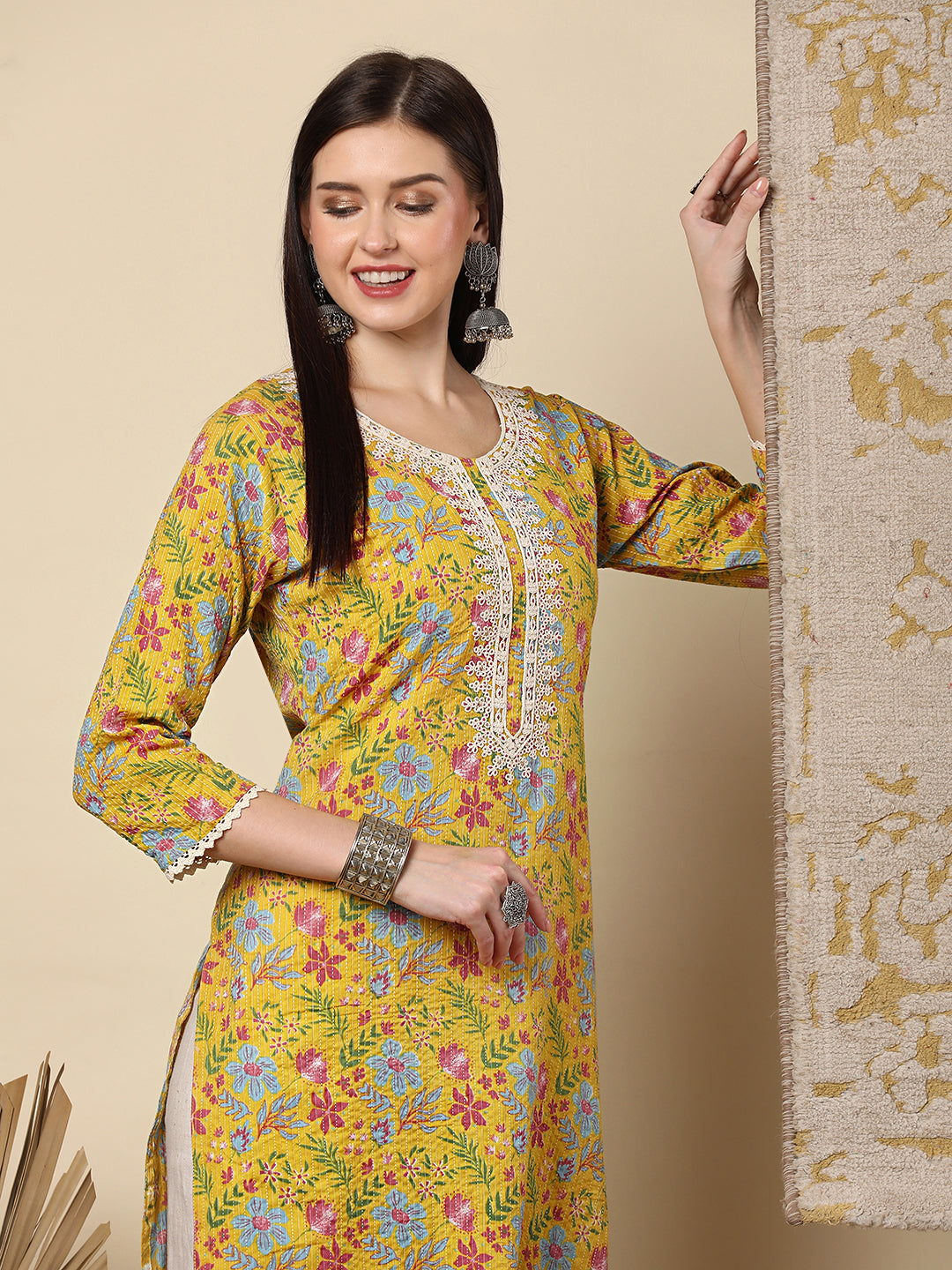 Resham Floral Embroidered & Printed Straight Fit Kurta - Yellow
