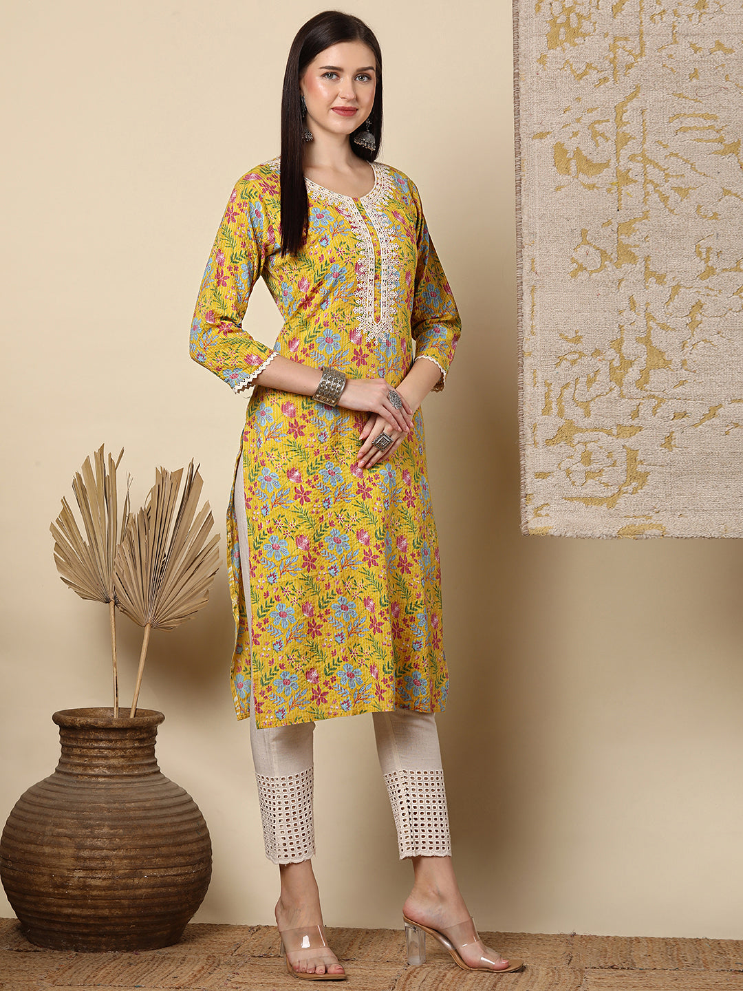 Resham Floral Embroidered & Printed Straight Fit Kurta - Yellow