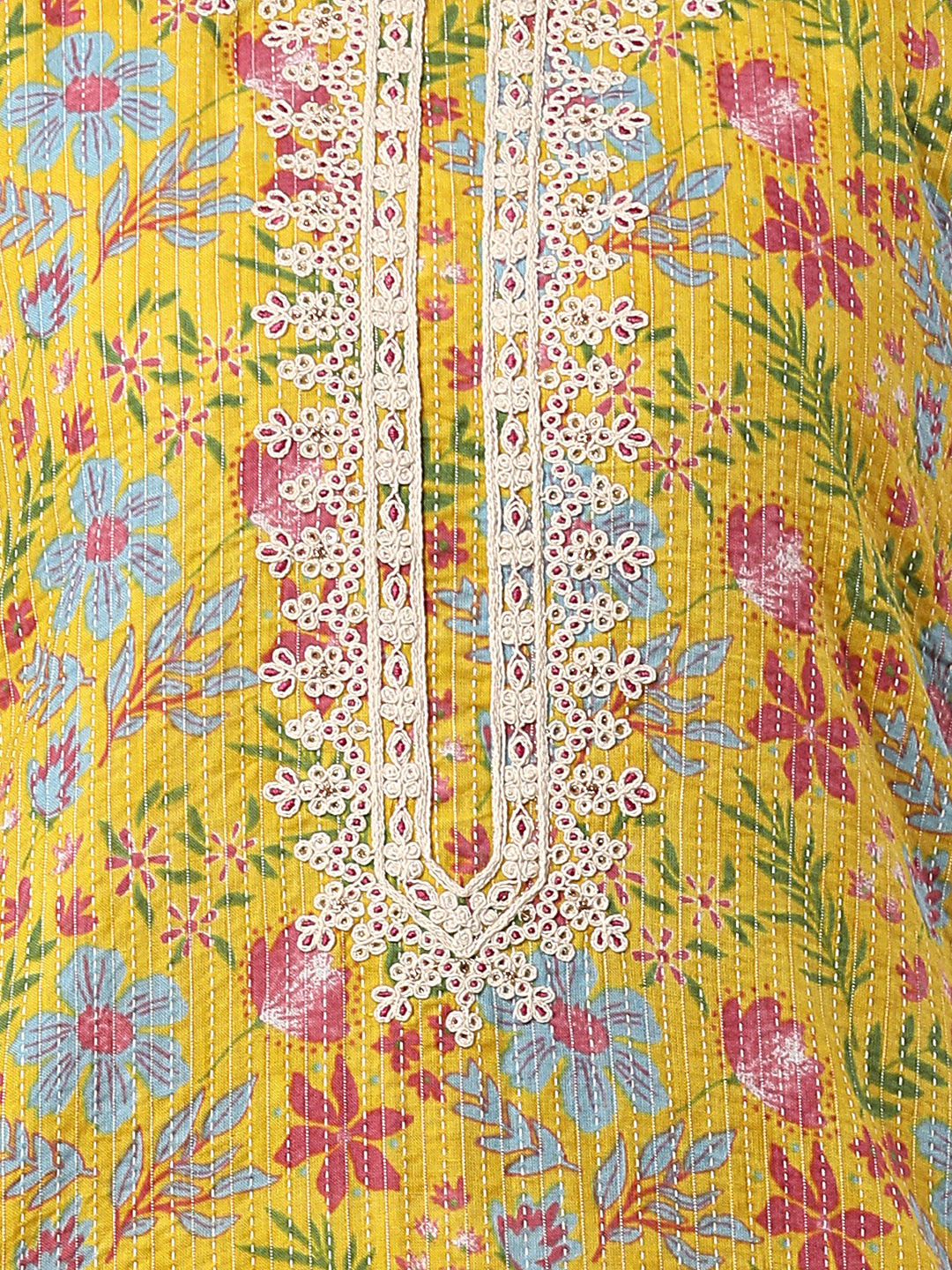 Resham Floral Embroidered & Printed Straight Fit Kurta - Yellow