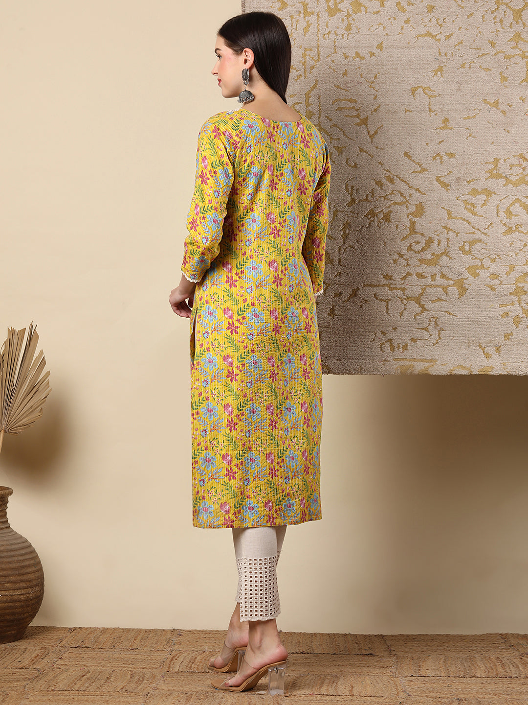 Resham Floral Embroidered & Printed Straight Fit Kurta - Yellow