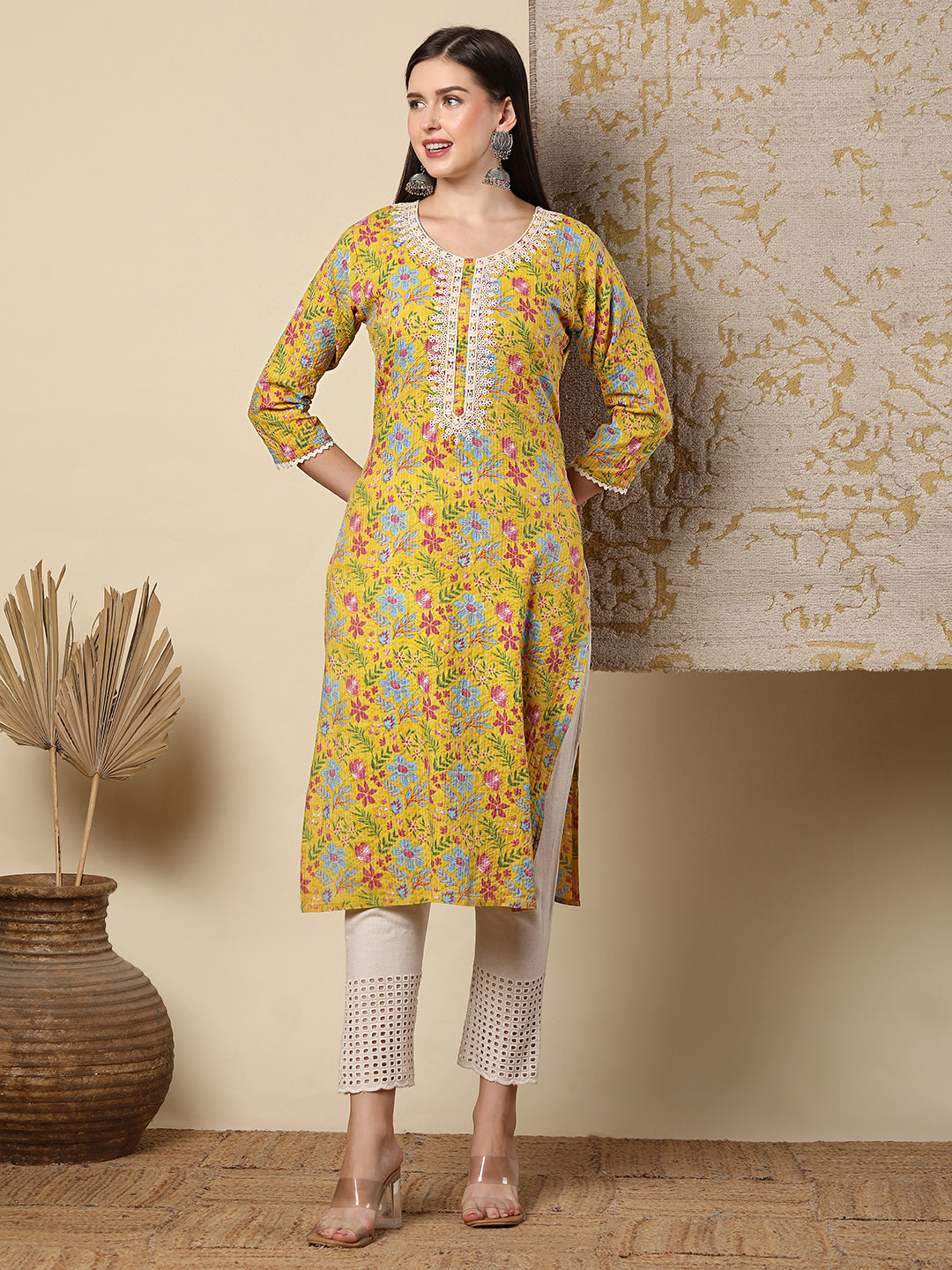 Resham Floral Embroidered & Printed Straight Fit Kurta - Yellow