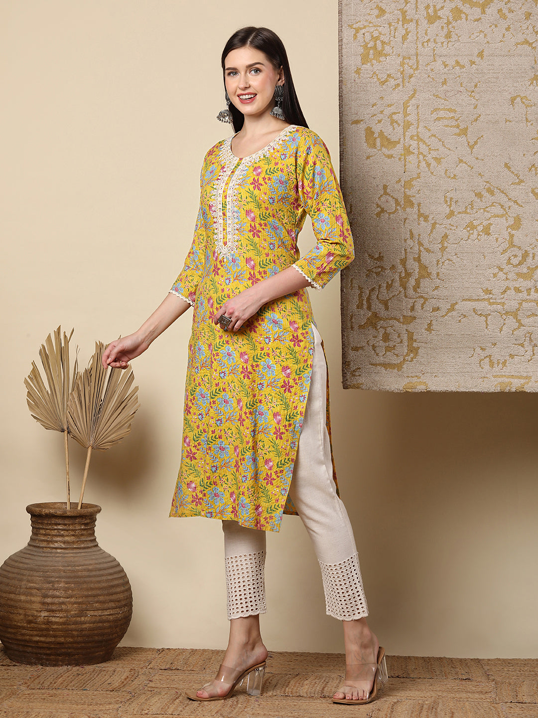Resham Floral Embroidered & Printed Straight Fit Kurta - Yellow