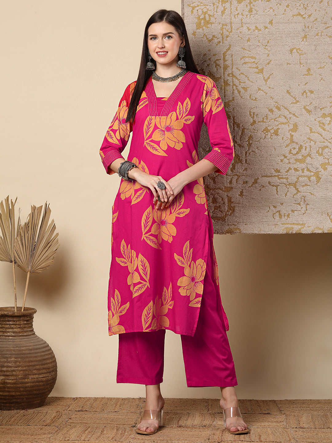 Abstract Floral Foil & Printed Straight Fit Kurta with Palazzo - Pink