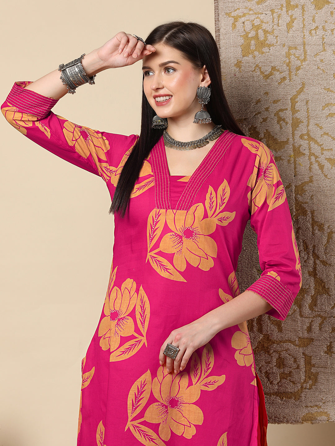 Abstract Floral Foil & Printed Straight Fit Kurta with Palazzo - Pink